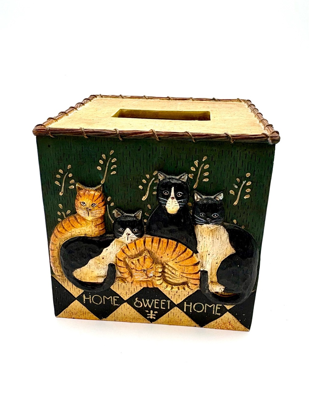 Vintage 2004 Linda Spivey 3D Country Cats Tissue Box Cover Folk Art Decor